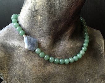 Aventurine labradorite Necklace, Aventurine Beads Necklace, Aventurine statement Necklace, Green Aventurine Natural Gemstone, side piece