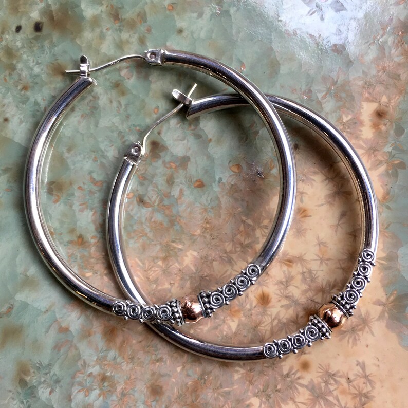 Silver Gold Earrings two tones EF801.35 Filigree Earrings large Hoop Earrings Mixed Metal Hoop Earrings Sterling Silver hoop Earrings