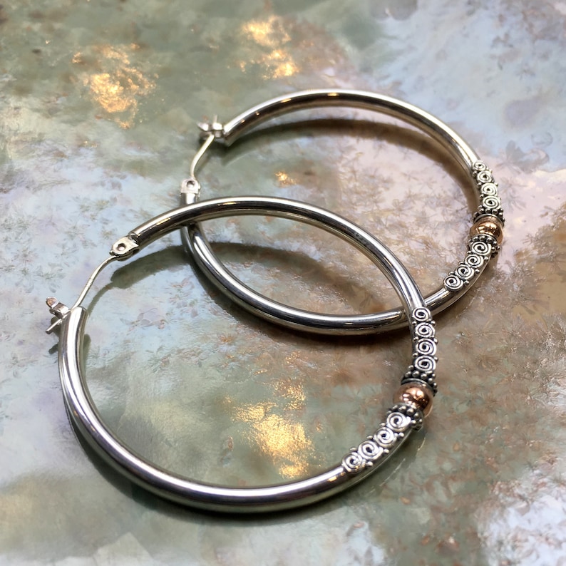 Silver Gold Earrings two tones EF801.35 Filigree Earrings large Hoop Earrings Mixed Metal Hoop Earrings Sterling Silver hoop Earrings