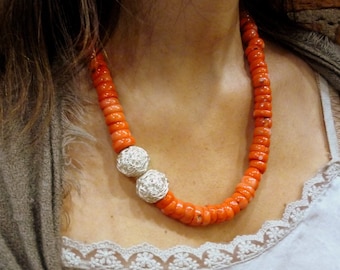 Coral Stone Necklace, Statement Necklace, Orange Necklace, Chunky Orange Necklace, Coral Natural Stones Necklace, Silver Plated and Coral.