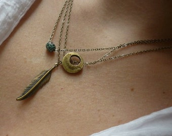 Stacking necklaces, A trio of brass pendants, fine brass chains, three layered necklaces, feather pendant, patina bead pendant, set of 3.