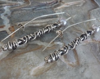 Long Silver Earrings, Wire Wrapped Silver Earrings, Sterling Silver Stick Earrings, Grey Pearl and Silver Earrings, Modern Silver Earrings.