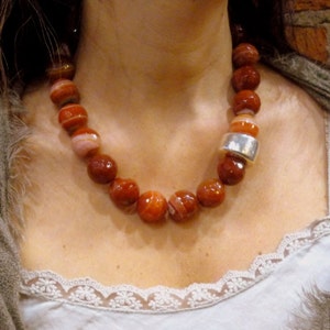 Rustic Orange Necklace, Orange Agate Necklace, Chunky Stones Necklace, Statement Necklace, Silver necklace, Natural Stones Necklace.