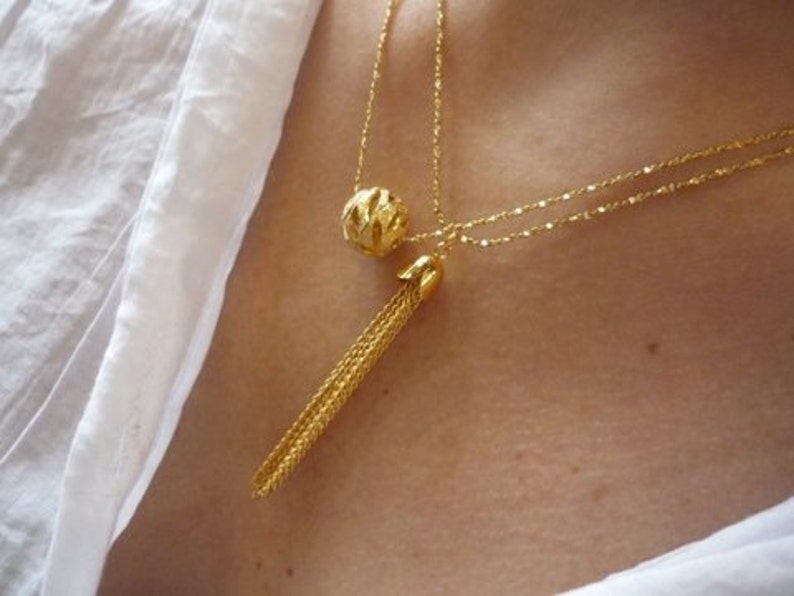 Gold Tassel necklace, Brushed Gold Plated Necklace, Fine Golden Cable Necklace, Gold Plated Chain, Elegant Necklace. image 3