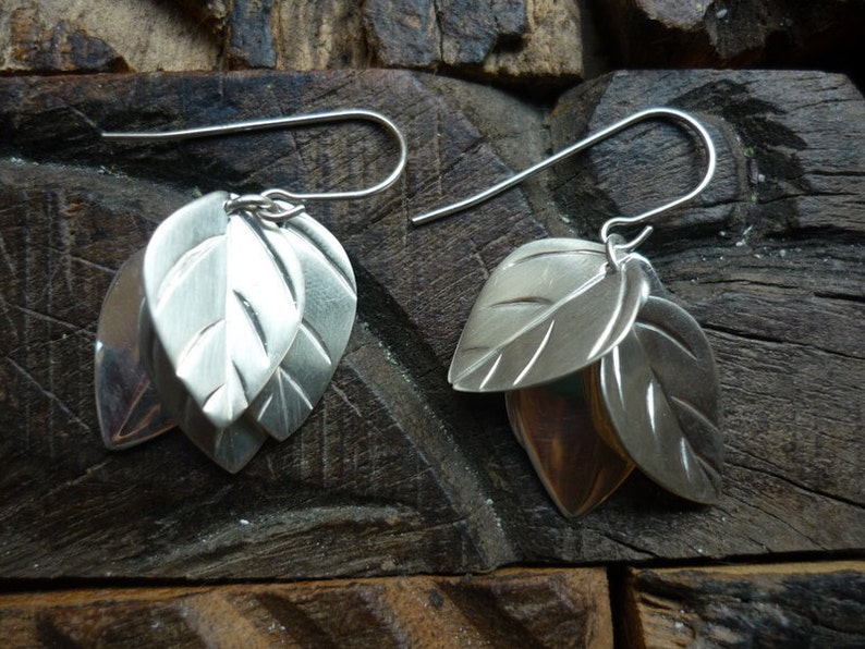 Leaf Earrings, Botanical earrings, Sterling silver Earrings, Woodland Silver Earrings, Autumn Jewelry, Leaf Shape Earring, Leaves Shape. image 1