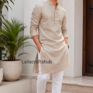 Men's Beige Cotton Kurta Pajama Set | Mandarin Collar Indian Ethnic Wear