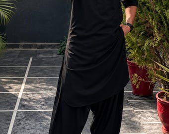 Men's Black Pathani Suit | Cotton Silk Shalwar Kameez, Festive Outfit