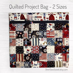 Patriotic Cross Stitch Project Bag, Americana Quilted Patchwork Bag with Teresa Kogut's Bright Stars fabric, Cross Stitch Floss Organization