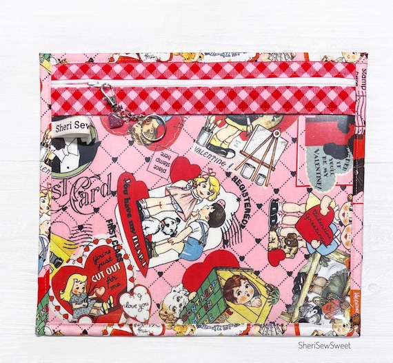 Cross Stitch Project Bag, Valentines Day Vinyl Front Bag, Vintage Retro Style WIP Bag for Needlework, Embroidery, and Floss