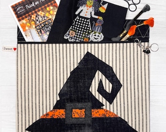 Halloween Project Bag with Witch Hat, Cross Stitch Project Bag, Zipper Pouch for Embroidery, Needlework, Handwork, or Travel Organization