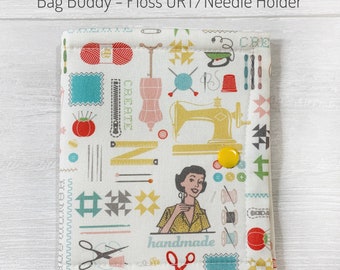 Thread Bed, Floss Keeper, Needle Holder with Lori Holt My Happy Place Fabric, for use with Cross Stitch Project Bags, ORT, Thread Holder