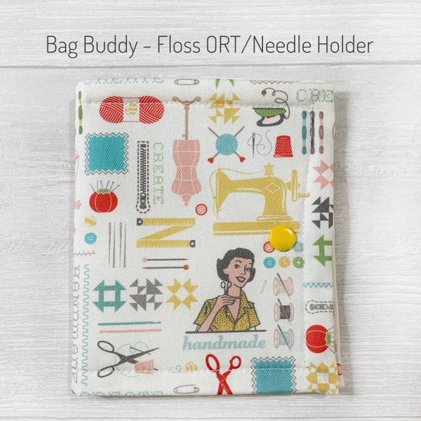 Thread Bed, Floss Keeper, Needle Holder with Lori Holt My Happy Place Fabric, for use with Cross Stitch Project Bags, ORT, Thread Holder