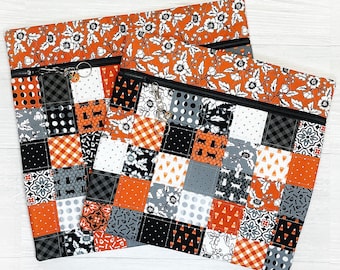 Halloween Project Bag Quilted with Midnight Magic 2 Fabric by April Rosenthal, 2 sizes, Black Cats, Candy Corn, Bones in Orange, Grey, Black