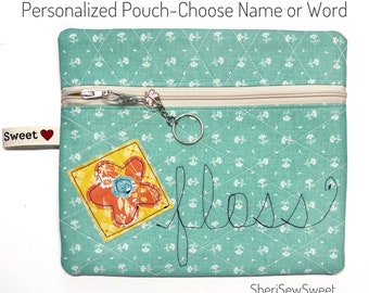 Quilted Notions Bag, Personalized Zipper Pouch, Choose Name or Word, Floss Keeper Holder, Small Sewing Notions Storage, Fabric Travel Bag