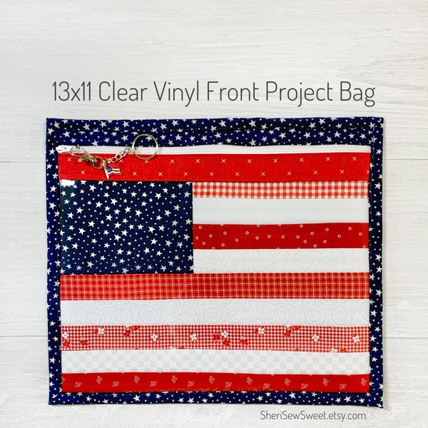 Patriotic Project Bag, July 4th, USA Flag Cross Stitch Project Bag with Clear Vinyl Front WIP, Embroidery, Floss Holder, Needlework Caddy