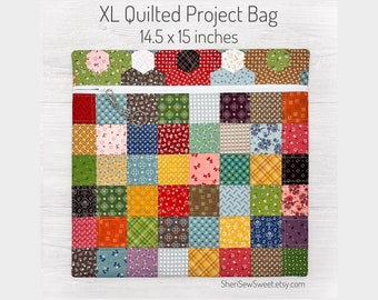 Cross Stitch Project Bag Quilted with Lori Holt Calico Fabric, XL fits 11x11 QSnap Hoop, for Crochet, Needlework, Embroidery, Patchwork