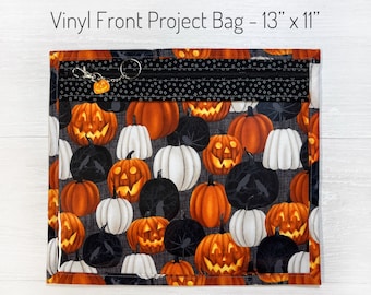 Halloween Project Bag, Cross Stitch Organizer, Jack O'Lantern Pumpkins Stitching Caddy, Embroidery, Needlework, Handwork Project Bag