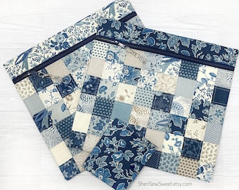 XL Quilted Cross Stitch Project Bag w/ French General Bleu de France Fabric, fits 11x11 QSnap, Blue & Ivory Project Pattern Floss Organizer