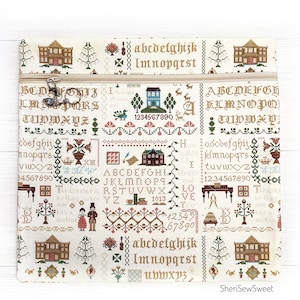 May include: Cream-colored zippered pouch with a cross-stitch design featuring houses, trees, and alphabet letters in brown, green, and red. The text "SheriSewSweet" is at the bottom.