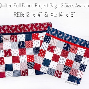 May include: Two quilted fabric project bags in red, white, and blue patchwork patterns. The bags have a zipper closure and a red accent stripe. The regular size is 12" x 14" and the XL size is 14" x 15".