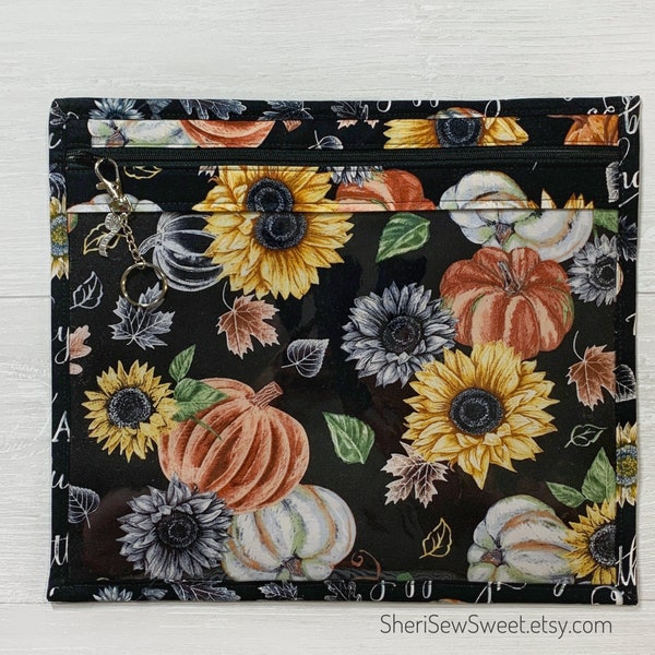 Fall Project Bag, Cross Stitch Project Bag, Vinyl Front WIP Bag, Pumpkins Sunflowers Happy Fall Y'all, Embroidery, Needlework, Thread Holder