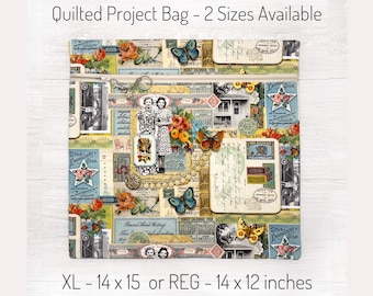 Quilted Project Bag, Fully Lined using Cathe Holden's Junk Journal Fabrics, Cross Stitch Project Bag, Blue Scrapbook style, Embroidery Caddy