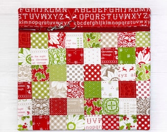 Christmas Cross Stitch Project Bag with Christmas Stitched fabric from Fig Tree, XL Patchwork Quilted Project Bag fits 11x11 QSnap or Hoop