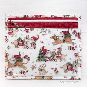Cross Stitch Project Bag with Christmas Santa Gnomes & Dog Reindeer, Vinyl Front Pattern Organizer for Needlework, Embroidery, Handwork