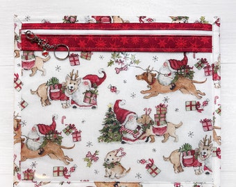 Cross Stitch Project Bag with Christmas Santa Gnomes & Dog Reindeer, Vinyl Front Pattern Organizer for Needlework, Embroidery, Handwork