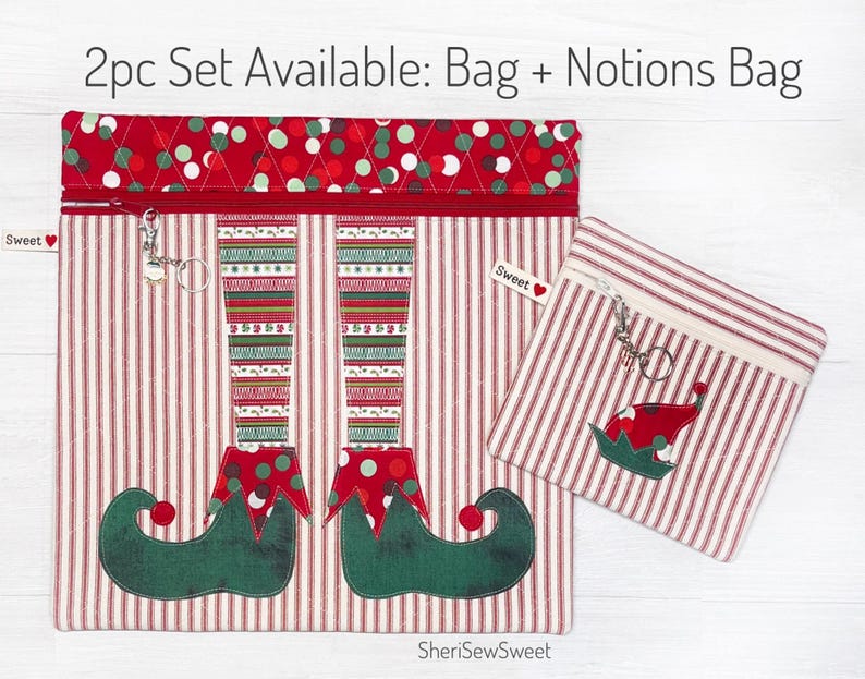 May include: A set of two red and white striped zippered bags with elf legs and a red hat design. The larger bag has a red, white, and green polka dot fabric lining. The smaller bag has a plain white lining. The bags are labeled "Sweet".