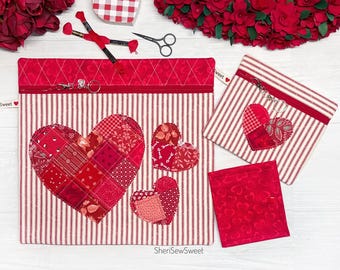 Valentine Cross Stitch Project Bag,  Quilted Hearts Zipper Bag, Holiday Project Organizer, Laptop Sleeve, Travel Organization, Thread Bed