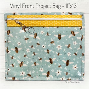 Cross Stitch Project Bag with Bees, Vinyl Front WIP Bag for Stitching, Embroidery, Needlework or Sewing, Thread Floss Keeper