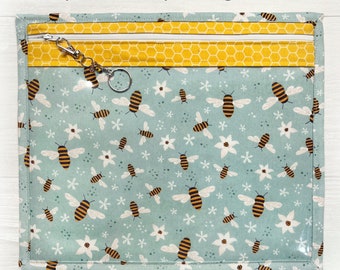 Cross Stitch Project Bag with Bees, Vinyl Front WIP Bag for Stitching, Embroidery, Needlework or Sewing, Thread Floss Keeper