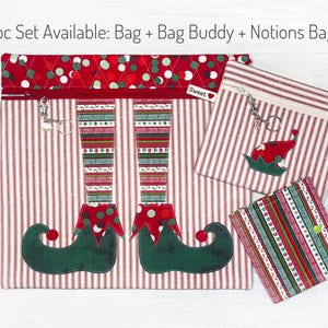 May include: A 3-piece set of Christmas-themed elf-leg-shaped zippered bags. The largest bag has red and white stripes, a red and green polka dot fabric, and a green elf leg design. The medium bag has red and white stripes and a green elf hat design. The smallest bag has red, green, and white stripes.