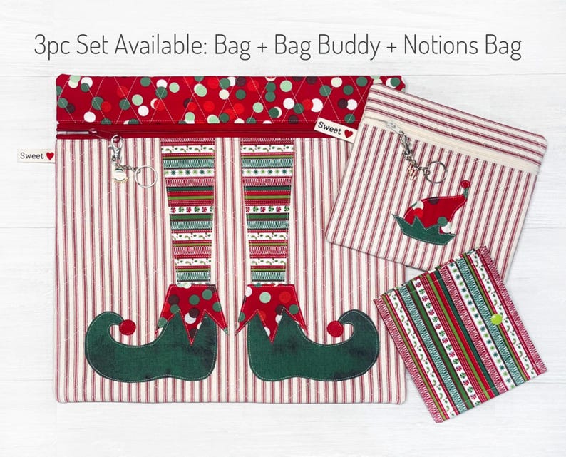 May include: A 3-piece set of Christmas-themed elf-leg-shaped zippered bags. The largest bag has red and white stripes, a red and green polka dot fabric, and a green elf leg design. The medium bag has red and white stripes and a green elf hat design. The smallest bag has red, green, and white stripes.