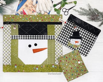 Winter Snowman Cross Stitch Project Bag, Quilted Zipper Bag, Holiday Project Organizer, Laptop Sleeve, Travel Organization, Thread Floss Bed
