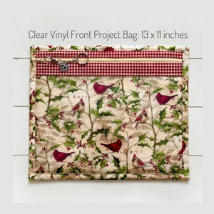 Christmas Cardinals Project Bag, Cross Stitch Project Bag, Vinyl Front WIP Bag with Red Birds, Embroidery, Needlework Handwork Thread Holder