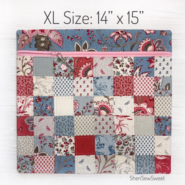 Bolsa para proyecto de punto de cruz con tela Antoinette - French General, parte delantera acolchada de patchwork, totalmente forrada, 2 tamaños (incluido XL), base de hilo, compartimento para hilo.