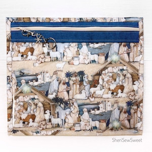 Cross Stitch Project Bag with The Nativity Fabric, Birth of Christ Vinyl Front Pattern Organizer for Floss, Needlework, Embroidery, Handwork