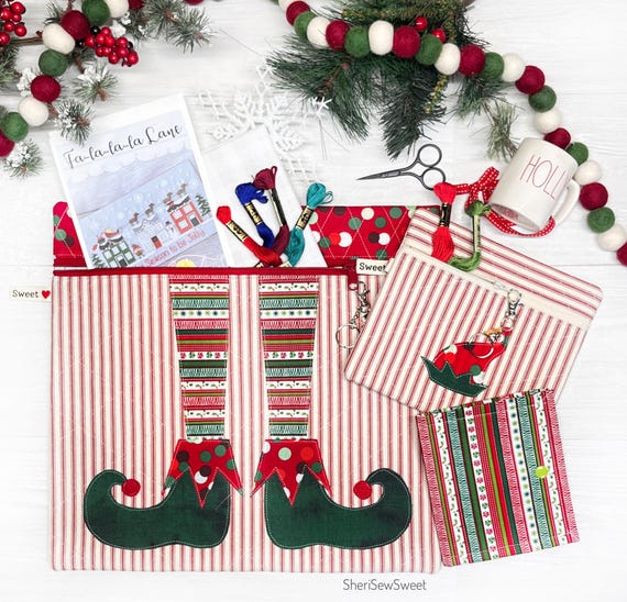 Christmas Cross Stitch Project Bag, Elf Shoes Quilted Zipper Bag, Holiday Project Organizer, Laptop Sleeve, Travel Organization, Thread Bed