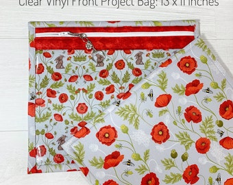 Spring Easter Project Bag with Bunnies, Bees & Red Poppies, Cross Stitch Project Bag, Clear Vinyl Front WIP Bag, Embroidery, Floss Holder