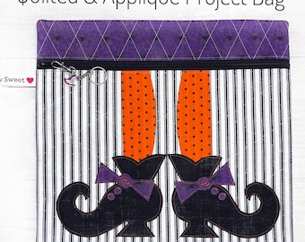 Halloween Project Bag with fun Witch Shoes, Project Bag for Cross Stitch, Embroidery, Sewing, Handwork or Needlework, Zipper Pouch Organizer