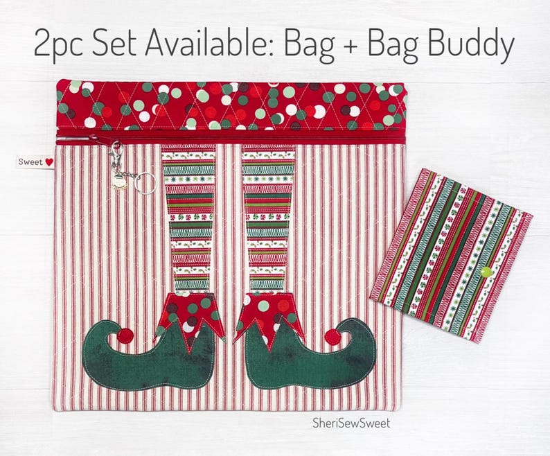 May include: A 2pc set of Christmas-themed elf leg-shaped zippered bags. The larger bag has a red and white striped fabric with a red polka dot fabric top. The smaller bag is a red and green striped fabric. The text "2pc Set Available: Bag + Bag Buddy" is at the top of the image.