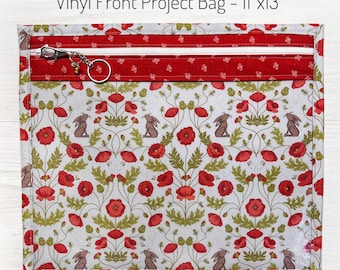 Spring Easter Project Bag with Bunnies, Bees & Red Poppies, Cross Stitch Project Bag, Clear Vinyl Front WIP Bag, Embroidery, Floss Holder