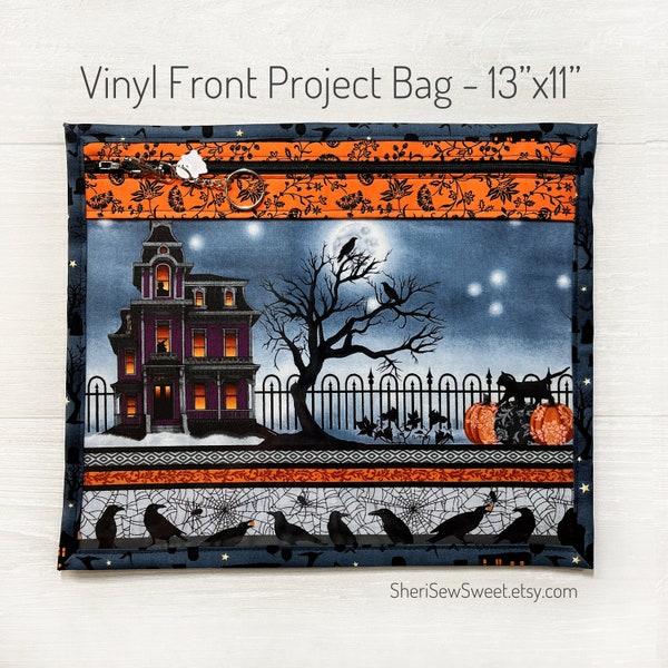 Halloween Project Bag, Haunted Mansion Cross Stitch Project Bag, Spooky Night Vinyl Front WIP Bag, Embroidery, Needlework, Thread Holder