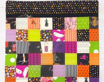 Halloween Cross Stitch Project Bag, XL fits 11x11 QSnap, Quilted, Pattern + Floss Organizer, w/Spooky-Witchy Fabric, Needle Handwork Holder