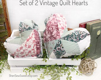 Antique Quilt Valentine Hearts, Quilted Heart Mini Pillow, Romantic Style Valentines Day Mini Pillows, Pink & Green Stuffed Fabric Hearts