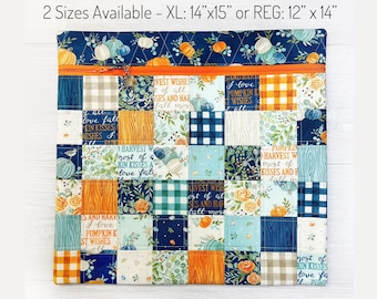 Fall Cross Stitch Project Bag, Quilted Patchwork Bag w/ Harvest Wishes fabric from Deb Strain, Pumpkin Autumn Pattern Floss Organization Bag