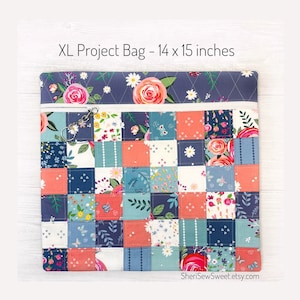 XL Quilted Project Bag with Poppy & Posey fabric, Spring Bag with Butterflies, Flowers in Purple, Blue, Peach and Aqua, fits 11x11 QSnap