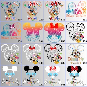 May include: A collection of Disney-themed designs featuring Mickey Mouse silhouettes, castle illustrations, and text. Designs include "Disney Trip 2026" and "First Disney Trip". Various color schemes and bow accents are present.